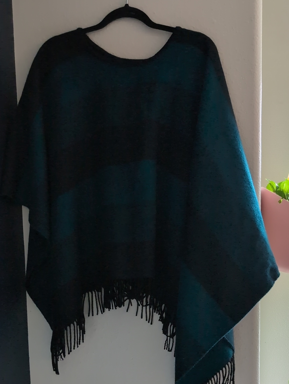 Teal and Black Fringed Poncho Sweater